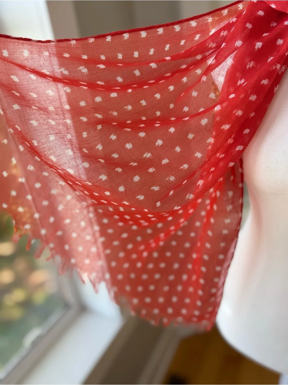 J. Crew Coral Red White Polka Dot Lightweight Rectangle Scarf with Fringe